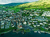Aerial view of Kussnacht am Rigi, a small town along the Lake Lucerne at sunset, Schwyz, Switzerland.