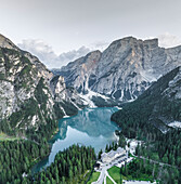 Aerial view of Braies Lake (Pragser Wildsee), a blue mountain lake on Fanes-Senes-Braies with Croda del Becco mountain in background, Dolomites, Trentino, South Tyrol, Italy.