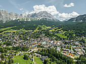 Aerial view of Cortina d'Ampezzo, a small town famous for winter holidays in Belluno province, Dolomites area, Veneto, Italy.
