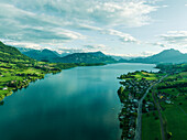 Aerial view of Lake Lucerne at sunset, from Kussnacht am Rigi, Schwyz, Switzerland.
