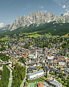 Aerial view of Cortina d'Ampezzo, a small town famous for winter holidays in Belluno province, Dolomites area, Veneto, Italy.
