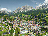 Aerial view of Cortina d'Ampezzo, a small town famous for winter holidays in Belluno province, Dolomites area, Veneto, Italy.