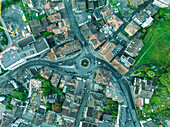 Aerial view of a roundabout in Kussnacht am Rigi, a small town along the Lake Lucerne at sunset, Schwyz, Switzerland.