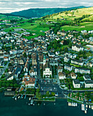 Aerial view of Kussnacht am Rigi, a small town along the Lake Lucerne at sunset, Schwyz, Switzerland.