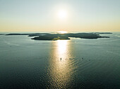 Aerial view of Brijuni National Park, a group of islands along the Adriatic Sea coastline at sunset near Pula, Istria, Croatia.