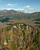 Luftaufnahme des bunten Herbstlaubs im Nationalpark Picentini, Giffoni Valle Piana, Italien.