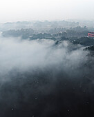 Aerial view of serene landscape with fog and trees over mountains and forest, Sadar Bazar, New Delhi, India.