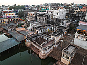 Aerial view of Pushkar Lake with vibrant ghats and traditional architecture, Pushkar, India.