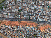 Aerial view of vibrant and bustling rooftops and buildings in Sadar Bazar, Jaisalmer, Rajasthan, India.