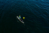 Aerial view of paddleboarders racing in Shilshole Bay, Seattle, United States.