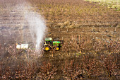 Aerial View of sprinkler at work in almond plantation. Mishmar HaYarden, Israel.