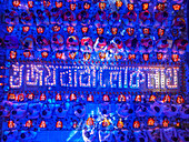 Dhaka, Bangladesh - 12 November 2022: Aerial view of vibrant candlelight gathering during Rakher Upobash Hindu festival, Gendaria, Dhaka, Bangladesh.