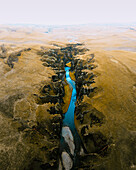 Aerial drone view of Fjaroarargljufur ravine, tourist attraction, highlands of South Iceland.