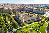 Aerial view of Palacio de la Aljaferia, a medieval islamic palace and Parliament seat in Zaragoza, Aragon, Spain.