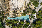 Aerial view of Bagno Vignoni, a hot thermal area with natural swimming pool in San Quirico d'Orcia, Val d'Orcia, Tuscany, Italy.