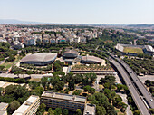 ROME, ITALY - 21 JULY 2019 : Aerial view of Flaminio stadium and Auditorium Parco della Musica, concert complex with auditoriums for events and archeology museum in Rome, Italy.