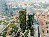 MILAN, ITALY - 18 SEPTEMBER 2019 : Aerial view of the two residential green towers Bosco Verticale in Milano, Italy.