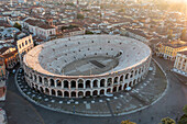 Aerial view of the historic verona arena and roman amphitheatre in piazza bra, verona, italy.