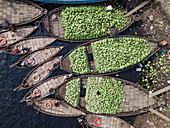 Aerial view of commercial boats and vibrant watermelons along the Buriganga river, Dhaka Kotwali Thana, Bangladesh.