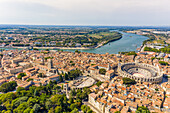 Aerial view of the city of Arles with ancient arena, France.