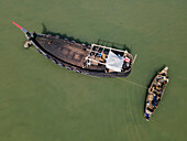 Aerial view of fishing boats at fishery ghat in the beautiful Bay of Bengal, Cox Bazar, Bangladesh.