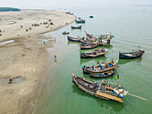 Aerial view of fishing boats at fishery ghat along the beach, Cox Bazar, Bangladesh.