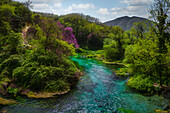 Aerial view of natural spring, The Blue Eye, Finiq, Vlore, Albania.