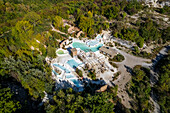 Aerial view of Bagni di San Filippo, a hot thermal area in Castiglione d'Orcia, Val d'Orcia, Tuscany, Italy.