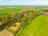 Aerial view of river Linge and farmland, Rumpt, Betuwe, Gelderland, Netherlands.