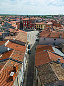 Aerial view of Vodnjan main square, a small town with colourful buildings in Istria region, Croatia.