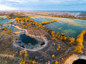 Aerial view of nature recovery project in early morning light after a night with frost, De Bergvennen, Lattrop, Twente, Overijssel, Netherlands.