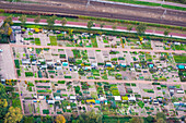 Aerial view of allotments and railway, Amersfoort, province of Utrecht, The Netherlands.