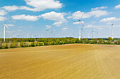 Aerial view of wind turbines and farmland, Muensterland, Nordrhein-Westfalen, Germany.