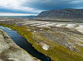 Aerial view of mountain Burfell, river and tephra from Hekla volcano, Iceland.
