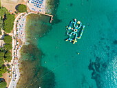 Aerial view of a water sports center on the shore of the bay in Medulin, Croatia