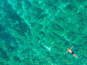 Luftaufnahme eines im adriatischen Meer treibenden Mannes, Sutivan, Insel Brac, Kroatien.