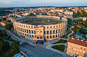 Aerial view of Pula arena and amphitheater in Pula old town, Croatia.