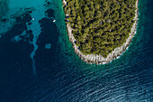 Aerial view of Prizba peninsula facing the Adriatic Sea along the coast in Croatia.