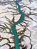 Aerial view of meandering river delta and scenic wetland, Accident Inlet, Gulf of Carpentaria, Karumba, Queensland, Australia.