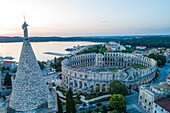 Aerial view of Pula arena and the old town, Pula, Croatia.