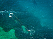 Aerial view of kitesurfer on the Neretva delta valley near Ploce, South Dalmatia, Croatia.