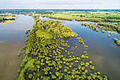 Aerial view of flooded floodplains along river IJssel during high water in summer, Welsumer Waarden, Gelderland and Overijssel, The Netherlands.