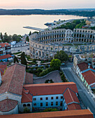 Aerial view of Pula arena and the old town, Pula, Croatia.