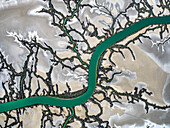 Aerial view of meandering river delta with winding river and turquoise water, Accident Inlet, Gulf of Carpentaria, Karumba, Australia.