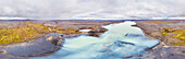Aerial 360 degrees panorama of lake and colourful land, Sprengisandur, highlands of Iceland.