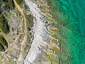 Aerial view of mystical stone formation on the coast of Kamenjak in Istria, Croatia.