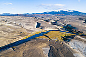 Luftaufnahme des mit Tephra bedeckten Westhangs des Vulkans Hekla, Island