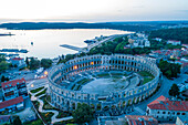 Aerial view of Pula arena and the old town, Pula, Croatia.