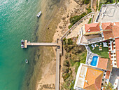 Aerial view of wooden pier near hotel, Odemira, Portugal