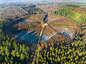 Aerial view of circle park with walking paths leading to oak tree De Eenzame Eik during frost in autumn, Sterrenbos, Amerongse Berg, Utrechtse Heuvelrug, Utrecht, Netherlands.